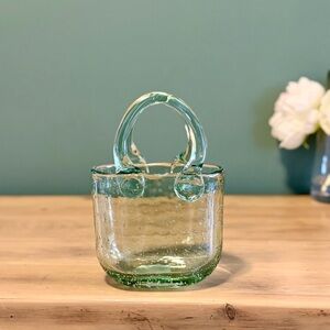 Vintage Hand Blown Glass Basket Vase Green Bubble Glass Mini Vase Decor